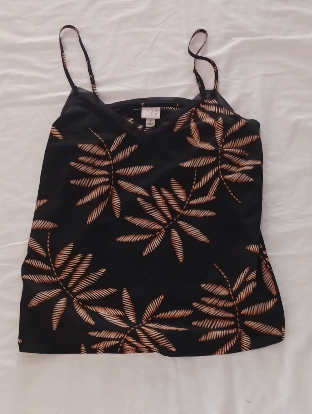 A New Day- Black Spaghetti-Strap Camisole with Tan Leaf Print